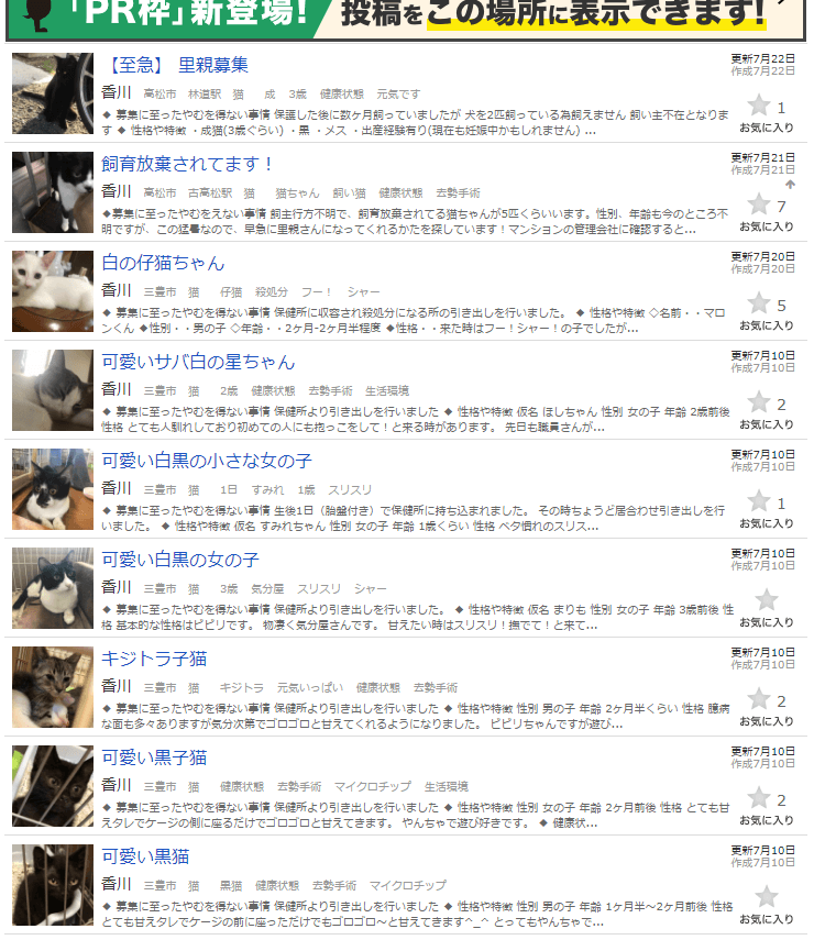 ジモティーの香川県のネコ里親募集リスト
